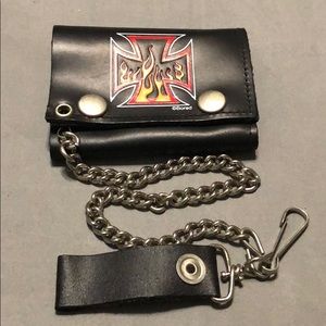 Maltese cross w/flames print biker leather wallet.